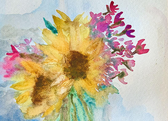 watercolor painting of sunflowers and bright pink flowers.