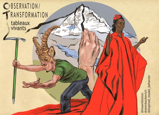 Drawing of performers Edward Monovich and Cassandre Charles in front of a mountain.