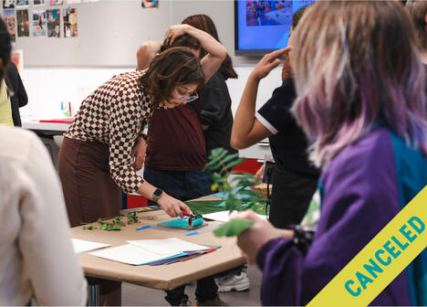 A woman demonstrates an art project to a group; CANCELED is written diagonally across the image.