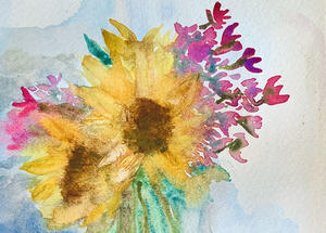 watercolor painting of sunflowers and bright pink flowers.