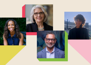 Four portraits of diverse professionals arranged on an abstract geometric background.