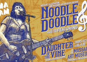 Poster for Noodle Doodle, a live music drawing event featuring Daughter of the Vine on October 22 at MassArt Museum.