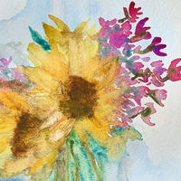 watercolor painting of sunflowers and bright pink flowers.