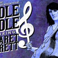 Drawing with text overlay of Margaret Garrett playing guitar.