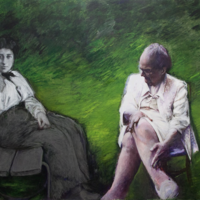 A painting with a varied green background. Two women seated in the foreground. Rosa Luxembourg on the left in black and white and period clothing seated on a bench and Alice Stevens on the right in muted colors.
