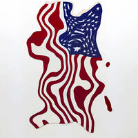 A distorted American flag with wavy red and white stripes and scattered white stars on a blue background.