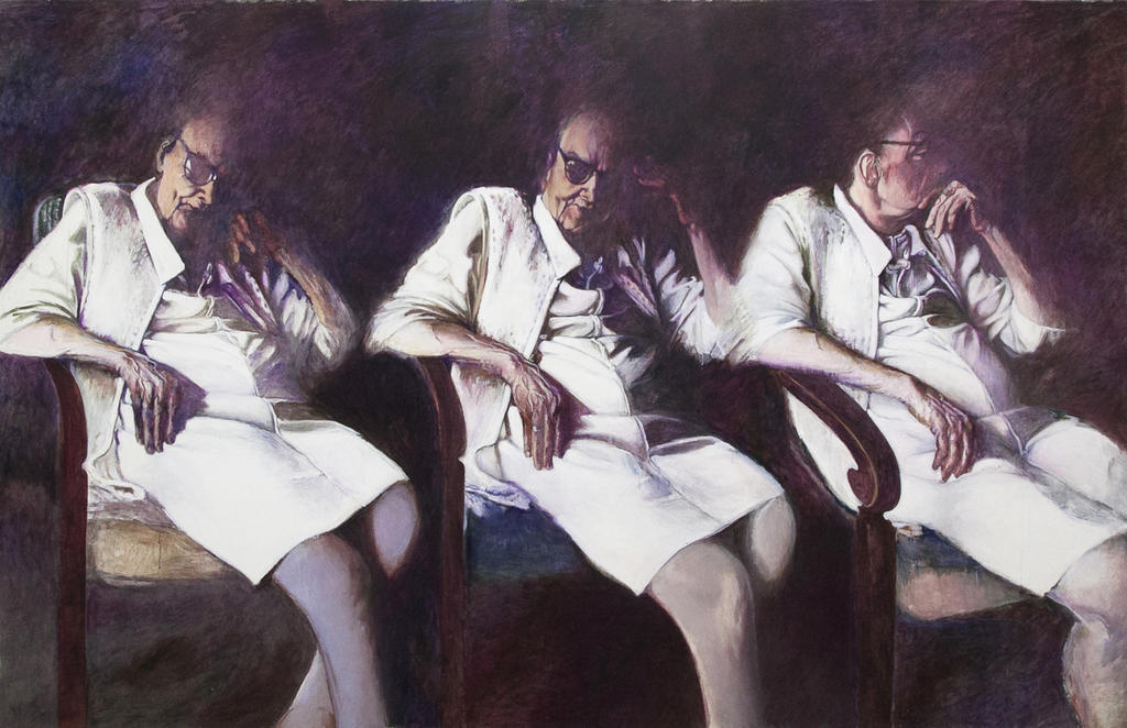 A painted image of a seated elderly woman is repeated three times in slightly different poses