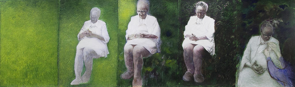 4 images of a seated elderly white woman seated in a field of green