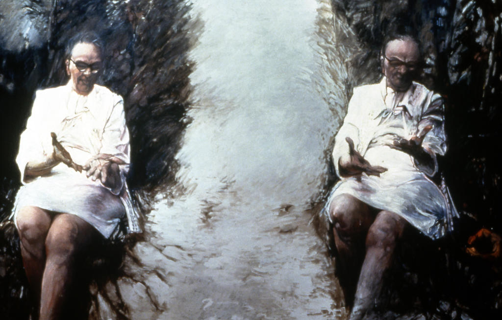 A painting of a repeated image of a seated elderly white woman separated by a light gray river
