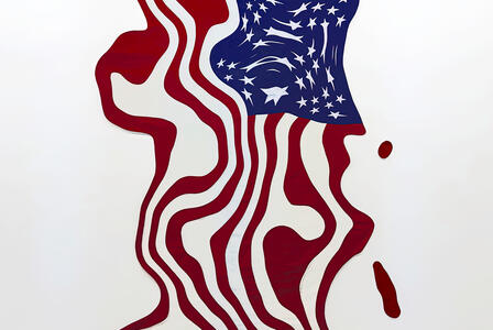 A distorted American flag with wavy red and white stripes and scattered white stars on a blue background.