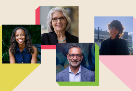 Four portraits of diverse professionals arranged on an abstract geometric background.
