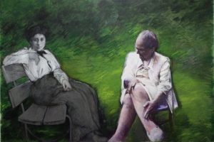 A painting with a varied green background. Two women seated in the foreground. Rosa Luxembourg on the left in black and white and period clothing seated on a bench and Alice Stevens on the right in muted colors.