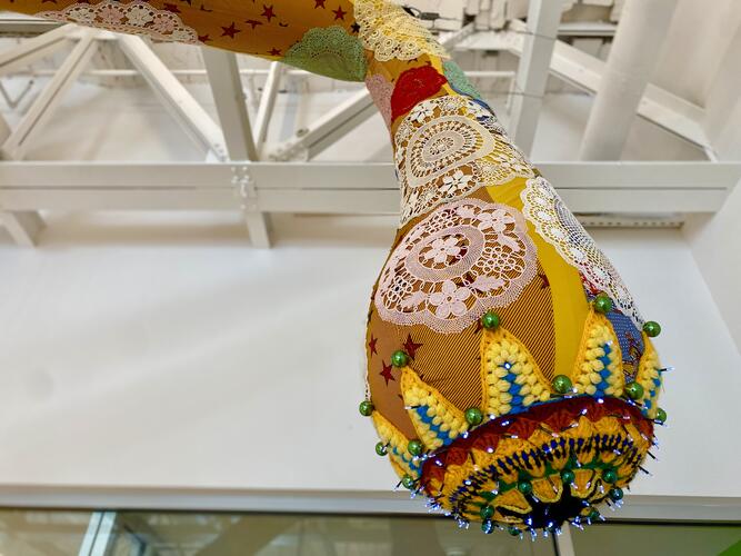 Detail of Valkyrie Mumbet sculpture showing Azorean lace