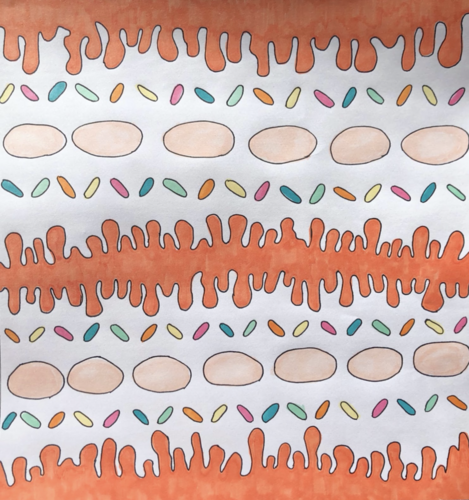 A flat sheet of paper painted with a vibrant geometric pattern of ovals and dots