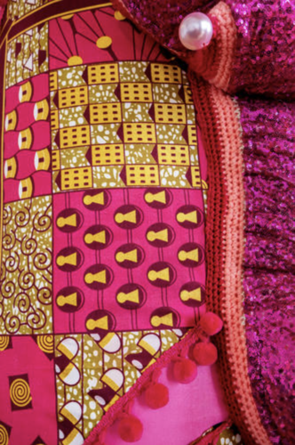 Detail of brightly colored capulana fabric used in Joana Vasconcelos' sculpture