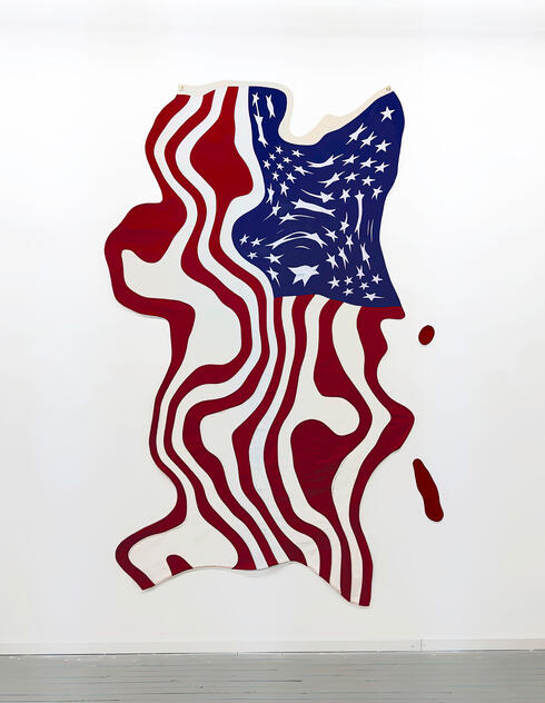 A distorted American flag with wavy red and white stripes and scattered white stars on a blue background.